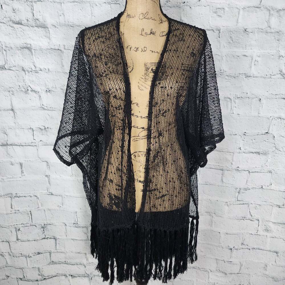 Tahari fringe popcorn ruana top one size black sequin detail kimono boho A20
